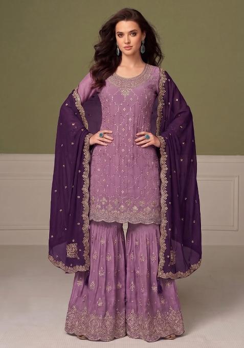 Lilac Embroidery Chinon Salwar Kameez
