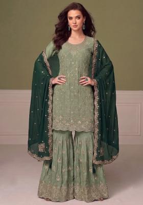 Pista Green Embroidery Chinon Salwar Kameez