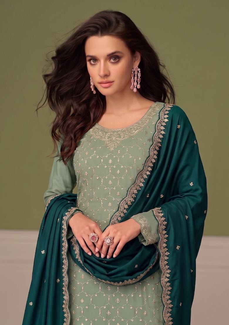 Pista Green Embroidery Chinon Salwar Kameez - Indya