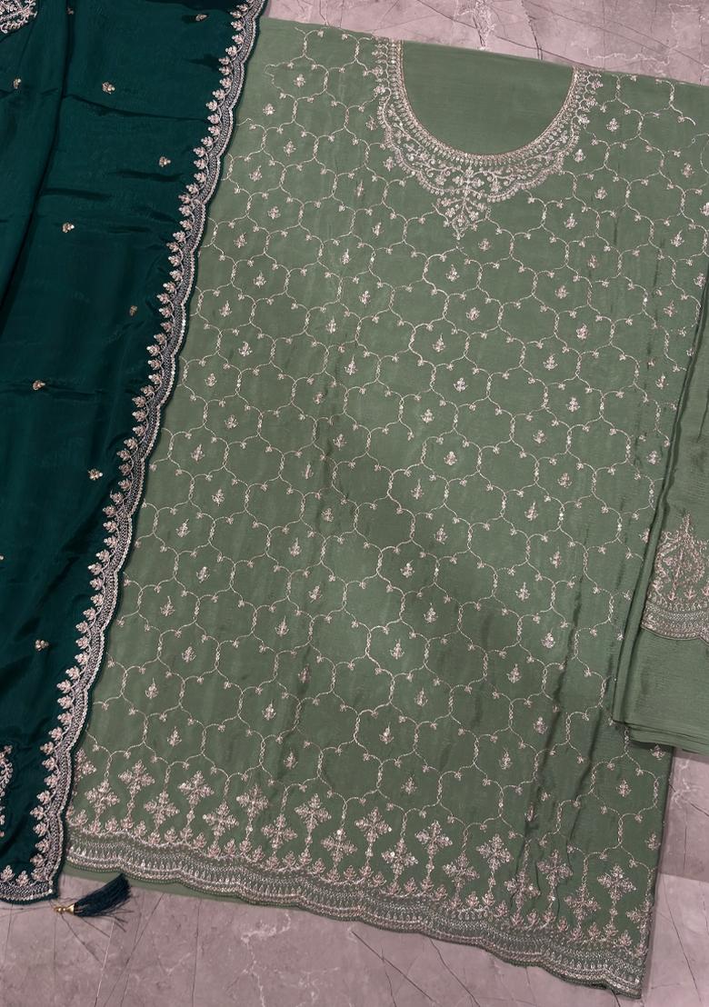 Pista Green Embroidery Chinon Salwar Kameez - Indya