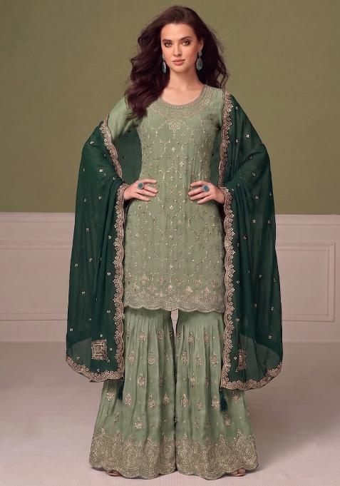 Pista Green Embroidery Chinon Salwar Kameez