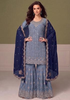 Sky Blue Embroidery Chinon Salwar Kameez