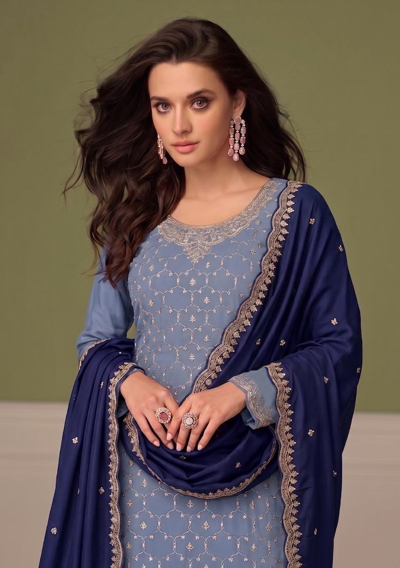 Sky Blue Embroidery Chinon Salwar Kameez - Indya
