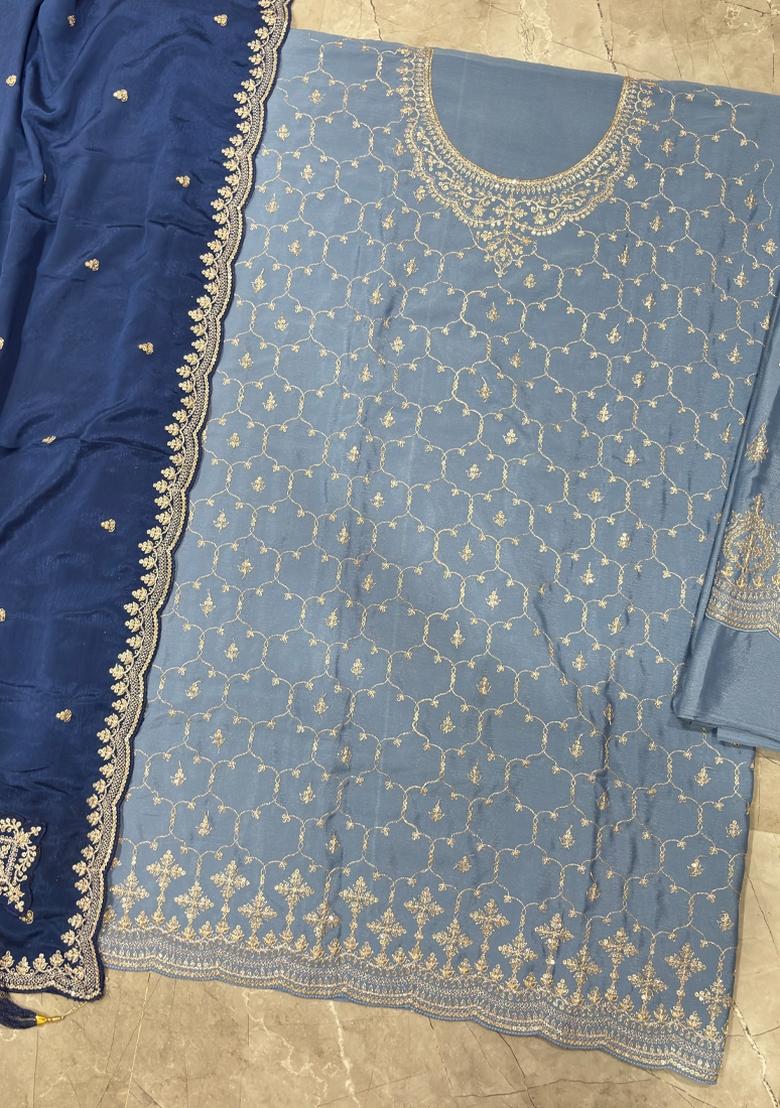 Sky Blue Embroidery Chinon Salwar Kameez - Indya