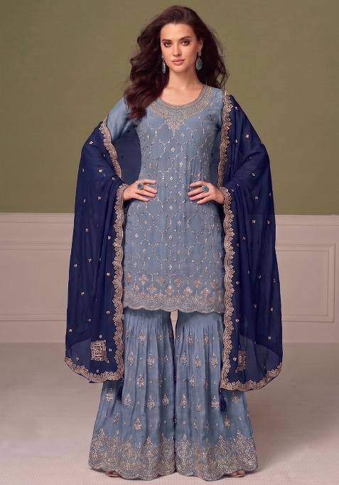 Sky Blue Embroidery Chinon Salwar Kameez