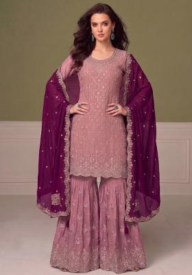Peach Embroidery Chinon Salwar Kameez