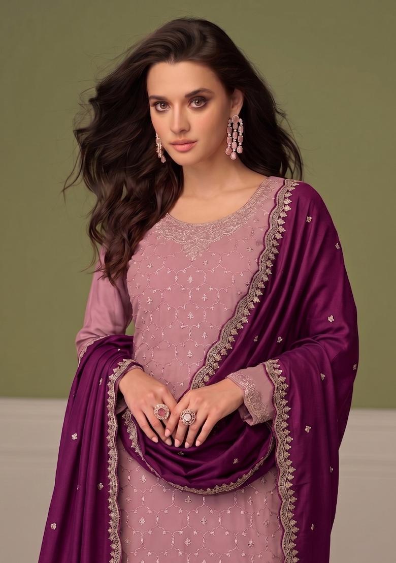 Peach Embroidery Chinon Salwar Kameez - Indya