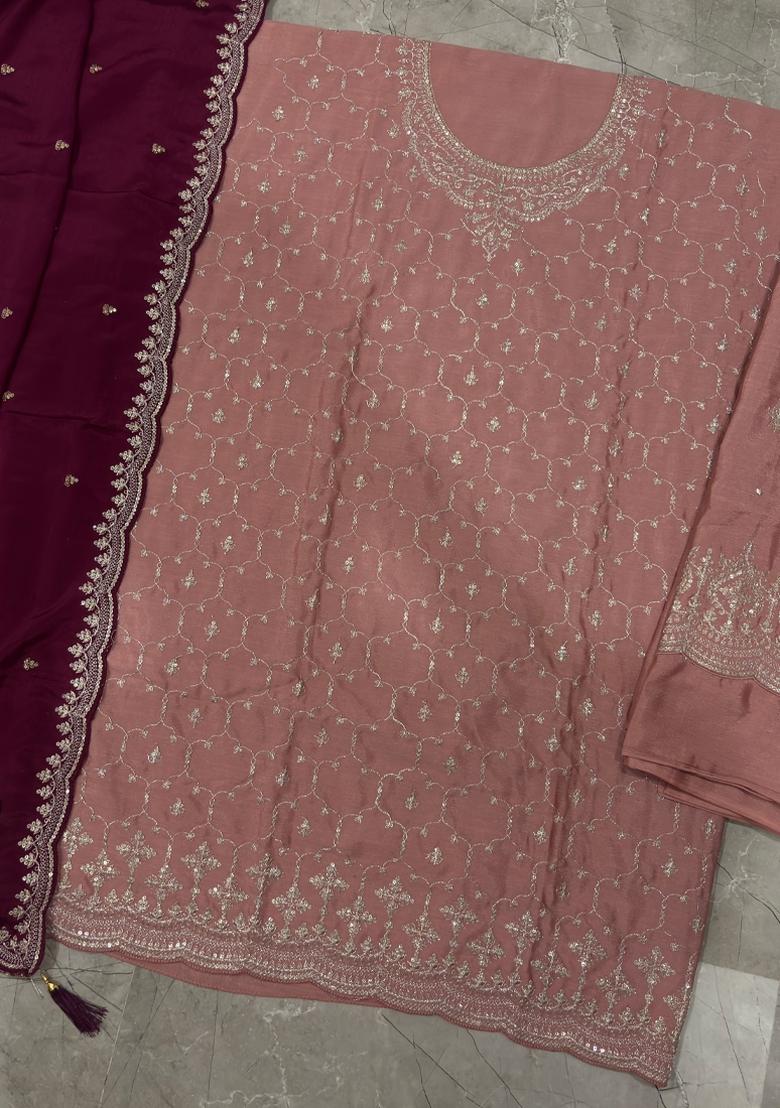 Peach Embroidery Chinon Salwar Kameez - Indya