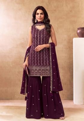 Wine Embroidery Chinon Salwar Kameez