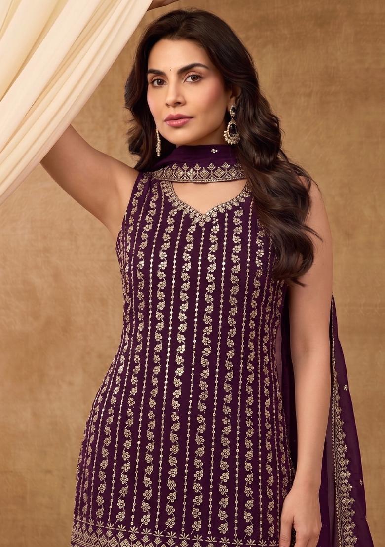 Wine Embroidery Chinon Salwar Kameez - Indya