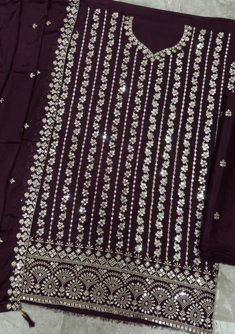 Wine Embroidery Chinon Salwar Kameez - Indya