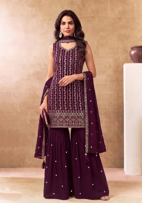 Wine Embroidery Chinon Salwar Kameez