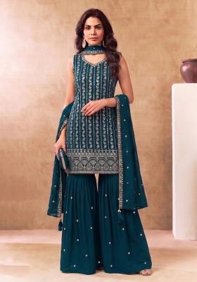 Aqua Blue Embroidery Chinon Salwar Kameez