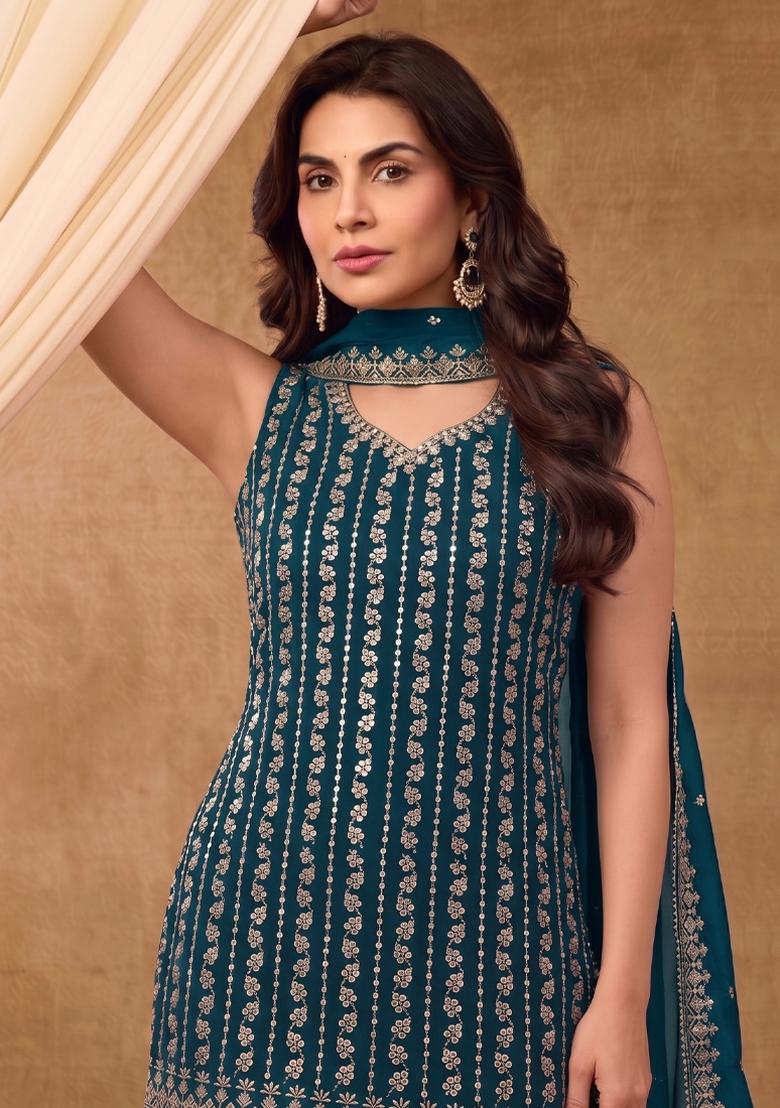 Aqua Blue Embroidery Chinon Salwar Kameez - Indya