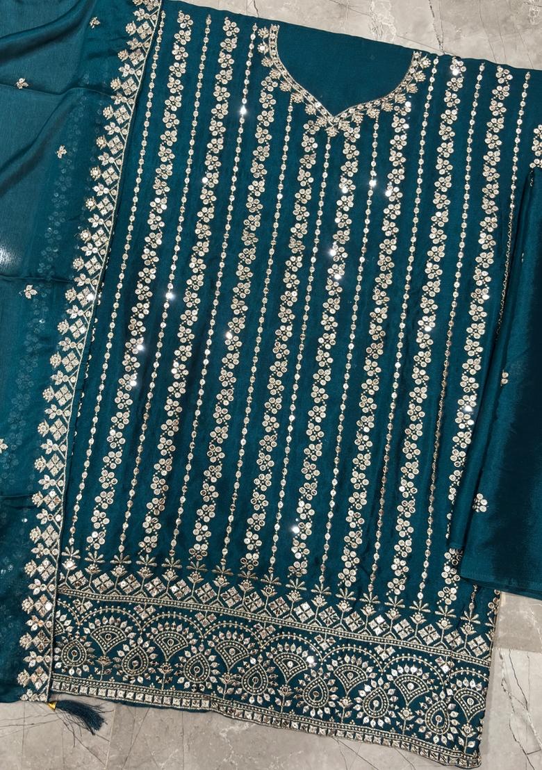 Aqua Blue Embroidery Chinon Salwar Kameez - Indya