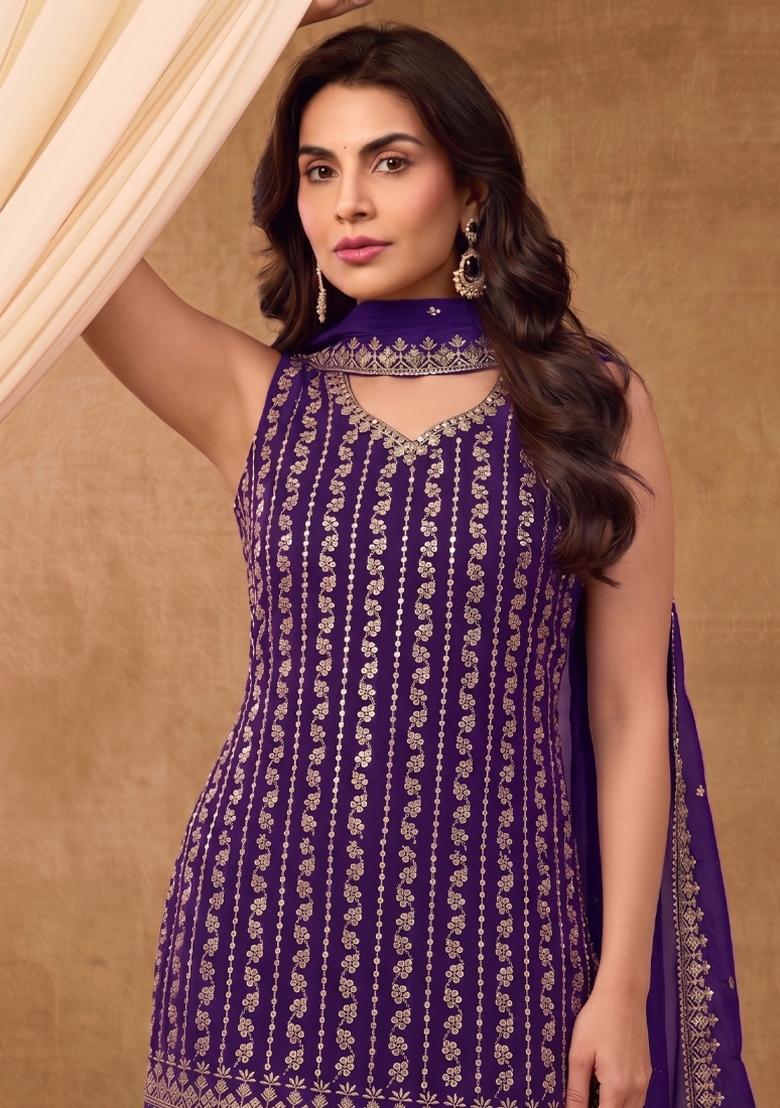 Purple Embroidery Chinon Salwar Kameez - Indya