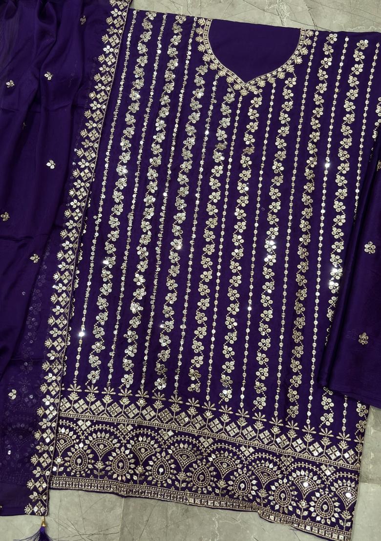 Purple Embroidery Chinon Salwar Kameez - Indya