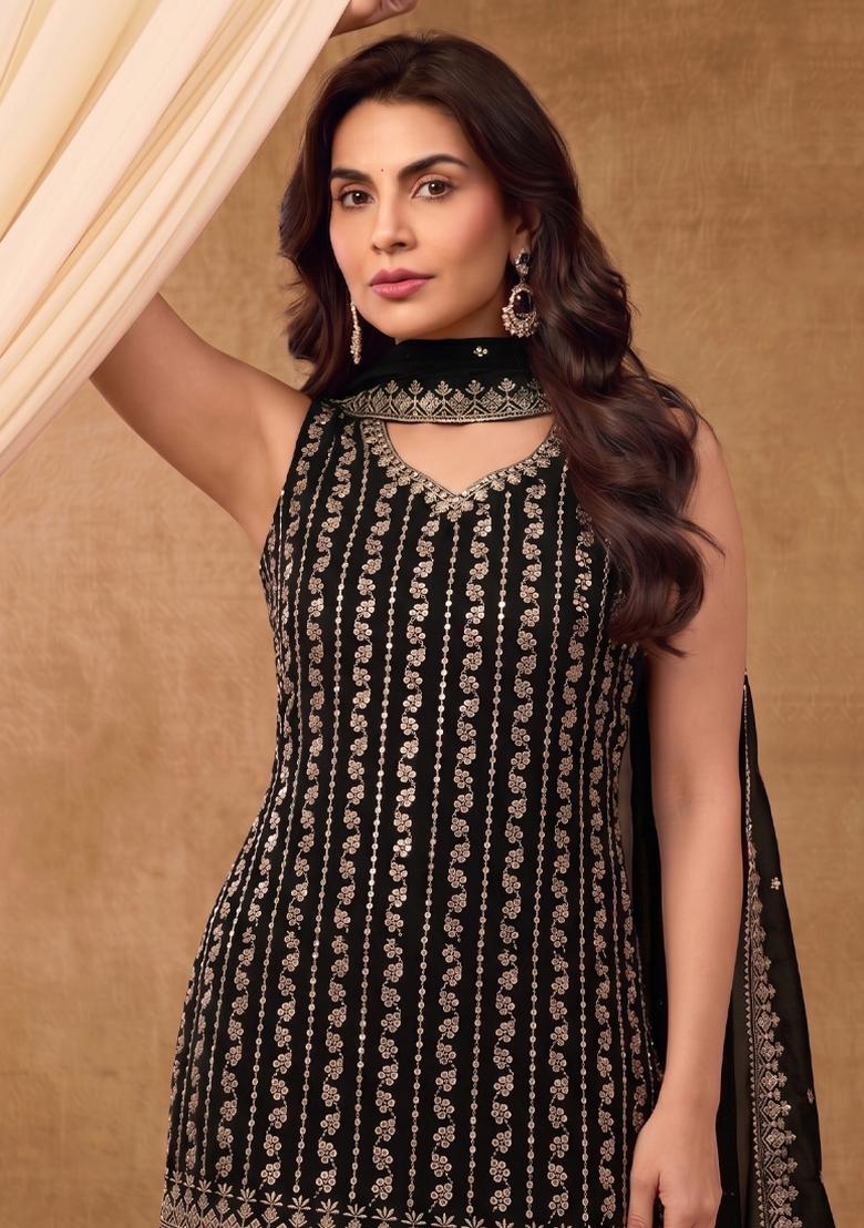 Black Embroidery Chinon Salwar Kameez - Indya