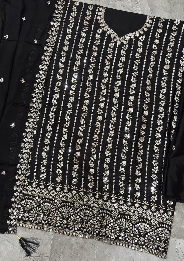 Black Embroidery Chinon Salwar Kameez - Indya