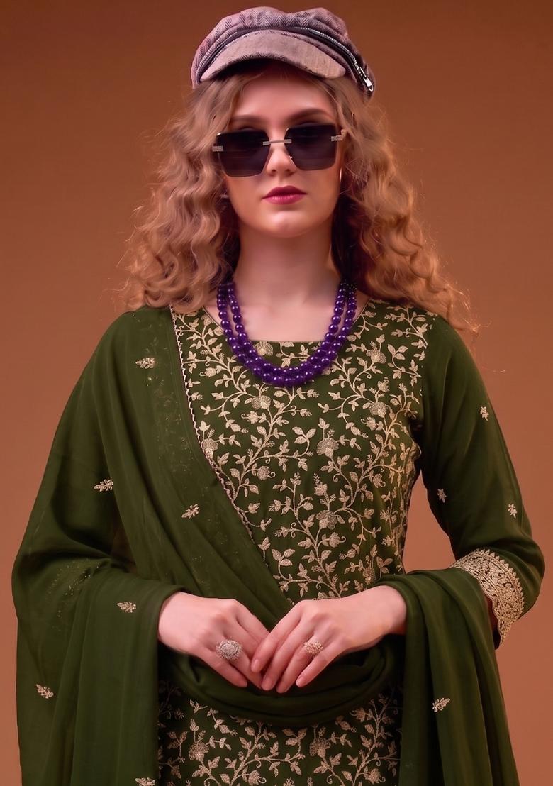 Mehendi Green Embroidery Georgette Salwar Kameez - Indya