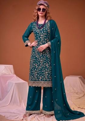 Teal Blue Embroidery Georgette Salwar Kameez