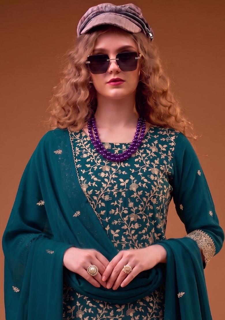 Teal Blue Embroidery Georgette Salwar Kameez - Indya