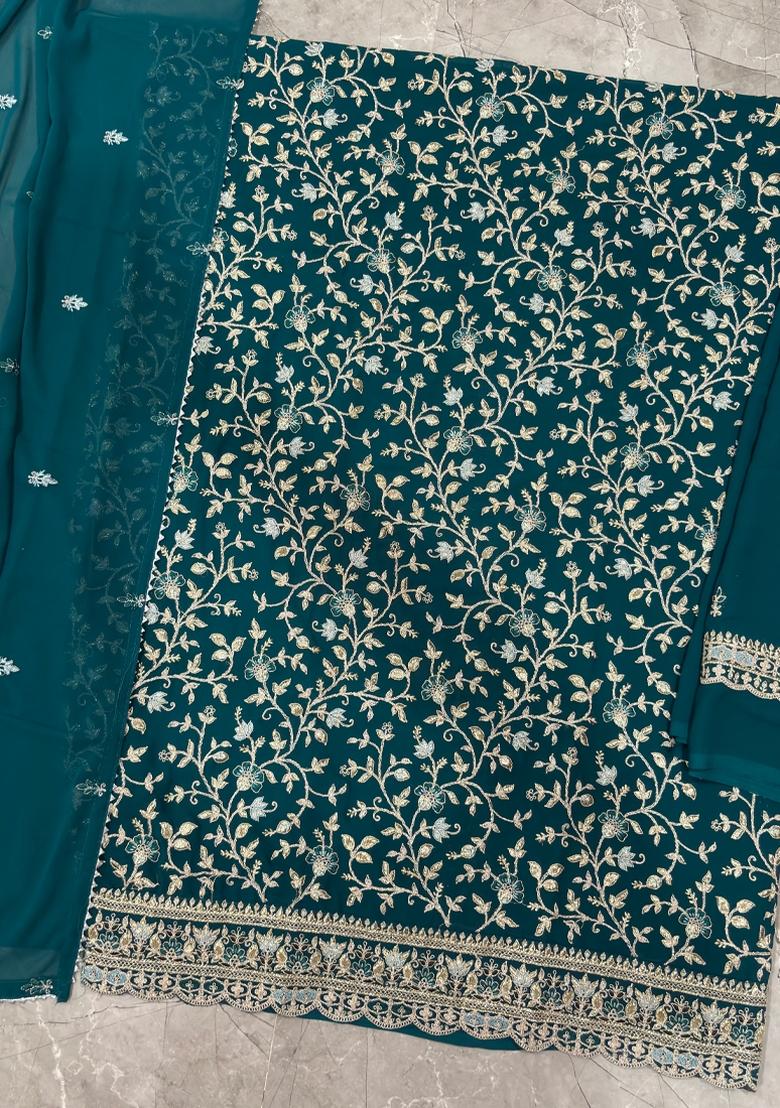 Teal Blue Embroidery Georgette Salwar Kameez - Indya