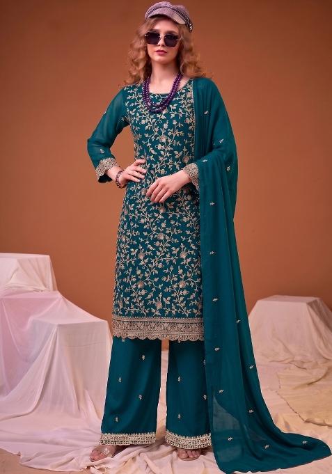 Teal Blue Embroidery Georgette Salwar Kameez