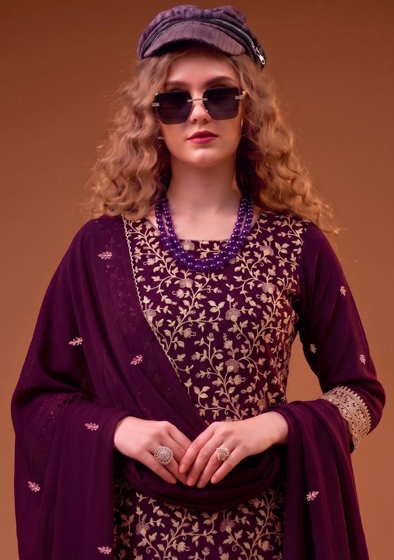 Purple Embroidery Georgette Salwar Kameez - Indya