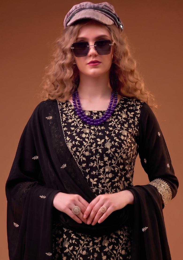 Black Embroidery Georgette Salwar Kameez - Indya