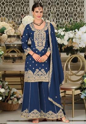 Teal Blue Embroidered Silk Salwar Kameez