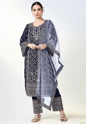 Navy Blue Embroidered Georgette Salwar Kameez