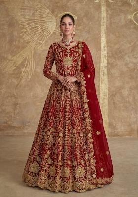 Red Embroidered Net Anarkali Set