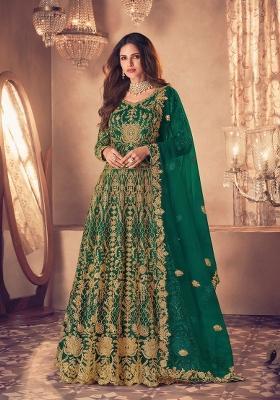Dark Green Embroidered Net Anarkali Set