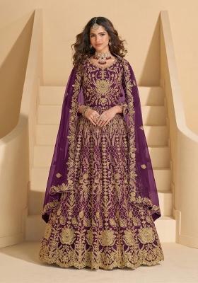 Purple Embroidered Net Anarkali Set