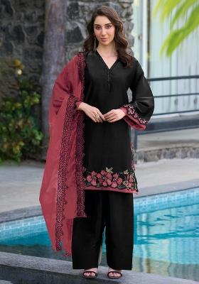 Black Embroidered Satin Salwar Kameez
