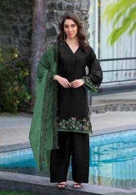 Black Embroidered Satin Salwar Kameez