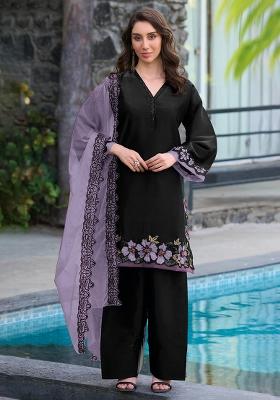 Black Embroidered Satin Salwar Kameez