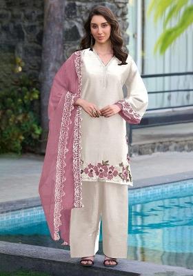 White Embroidered Satin Salwar Kameez