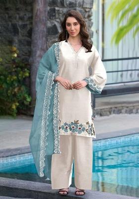 White Embroidered Satin Salwar Kameez