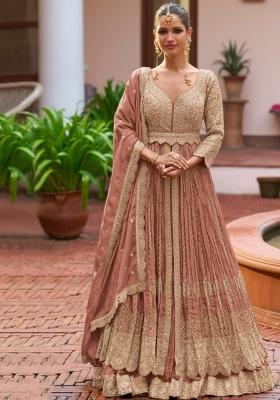 Peach Embroidered Silk Salwar Kameez