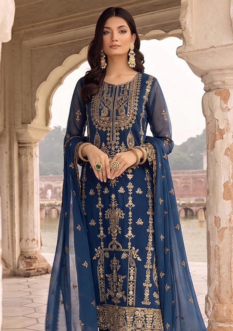 Blue Sequin Work Georgette Kurta Set - Indya