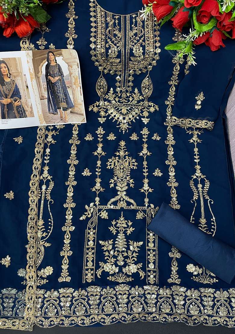 Blue Sequin Work Georgette Kurta Set - Indya
