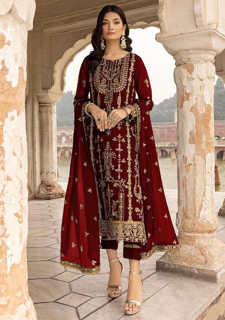 Red Sequin Work Georgette Kurta Set - Indya