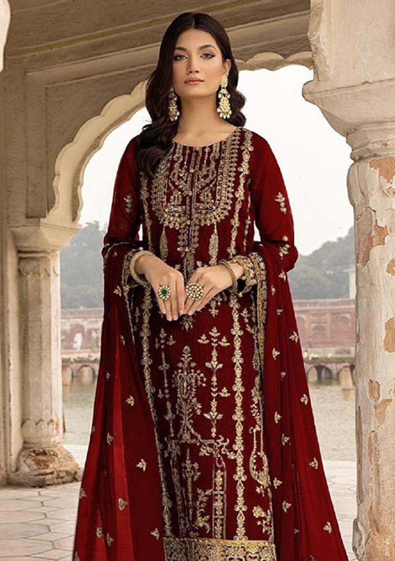Red Sequin Work Georgette Kurta Set - Indya