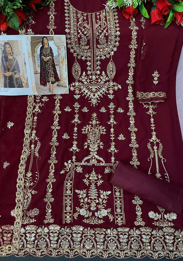 Red Sequin Work Georgette Kurta Set - Indya