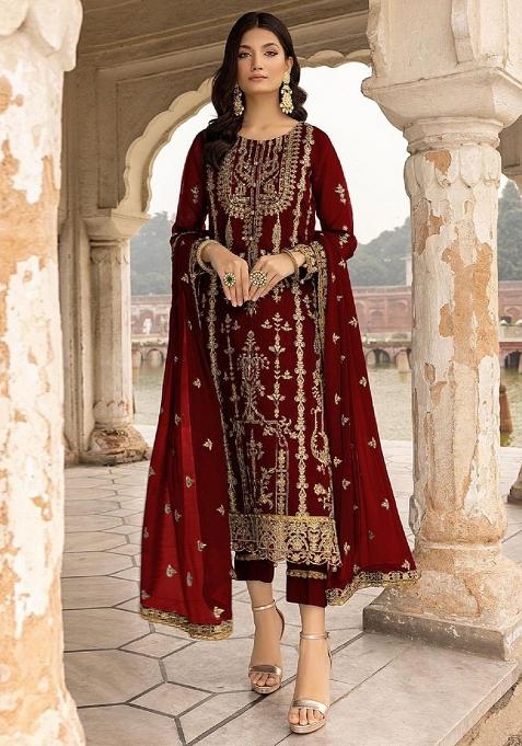 Red Sequin Work Georgette Kurta Set