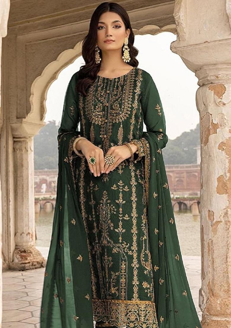 Green Sequin Work Georgette Kurta Set - Indya