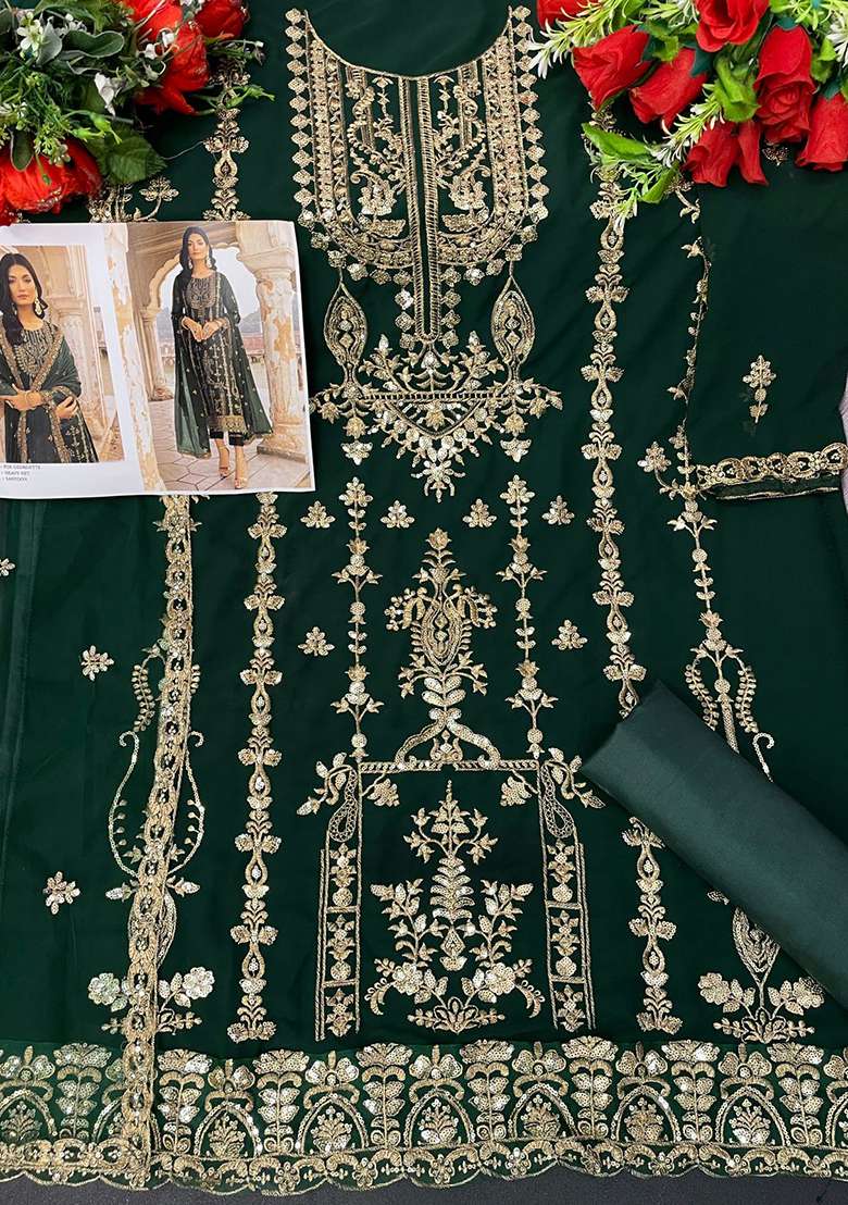 Green Sequin Work Georgette Kurta Set - Indya