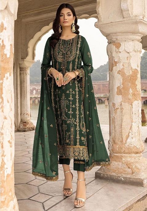 Green Sequin Work Georgette Kurta Set